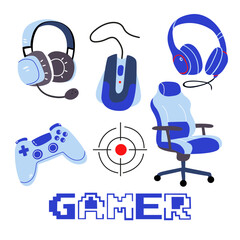 Game streamer vector elements. Concept cyberspace technology. Flat retro design vector illustration concept of game environment, tools and essentials. Video games blue and pink stickers set