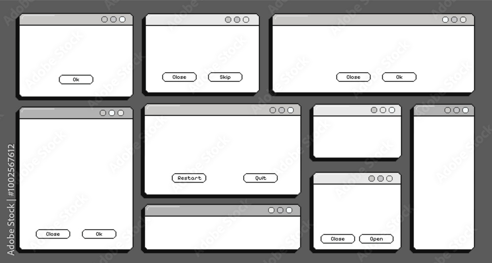 Fototapete retro empty pixel computer screens, set of vintage opened pc windows, user interface in monochrome. 