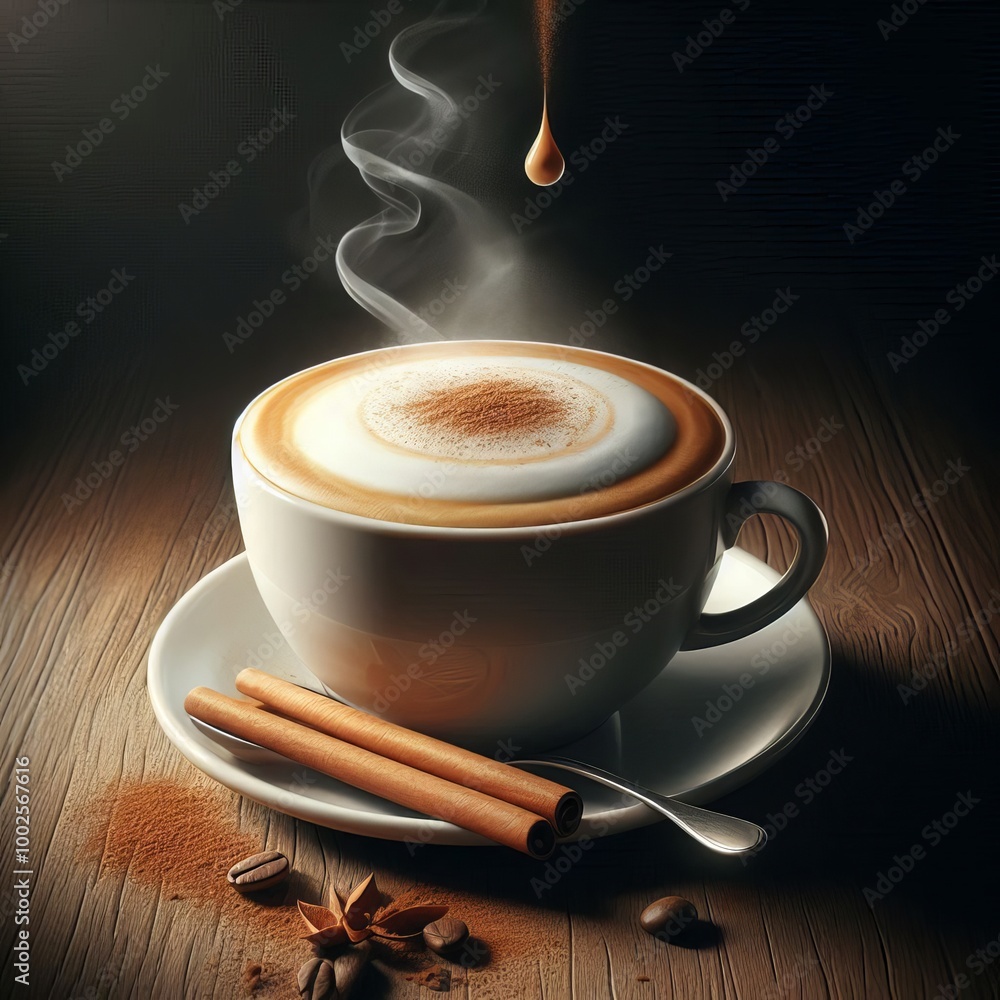 Poster a close-up image of a steaming cappuccino in a white cup with a sprinkle of cinnamon on top. the coz