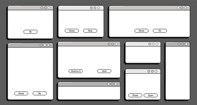 Retro empty pixel computer screens, set of vintage opened pc windows, user interface in monochrome. Vector illustration.