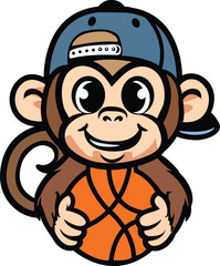 Cartoon Monkey Holding a Basketball with a Backward Cap