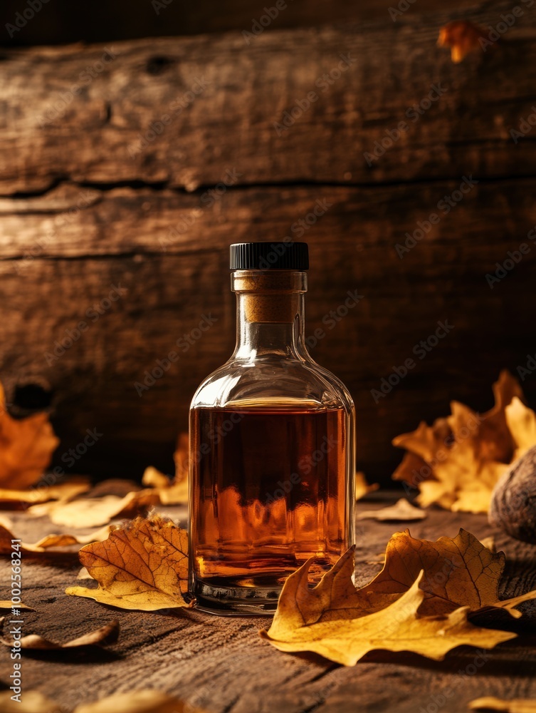 Poster a close-up view of a whiskey bottle surrounded by autumn leaves on a rustic wooden surface at sunset