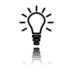 Light bulb simple icon. Flat design. Black icon with mirror reflection. White background