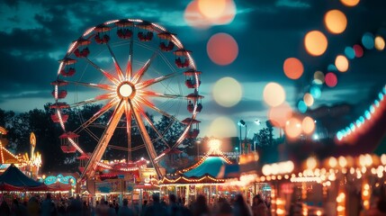 Dreamy night-time carnival scene with a Ferris wheel and vibrant light bokeh.