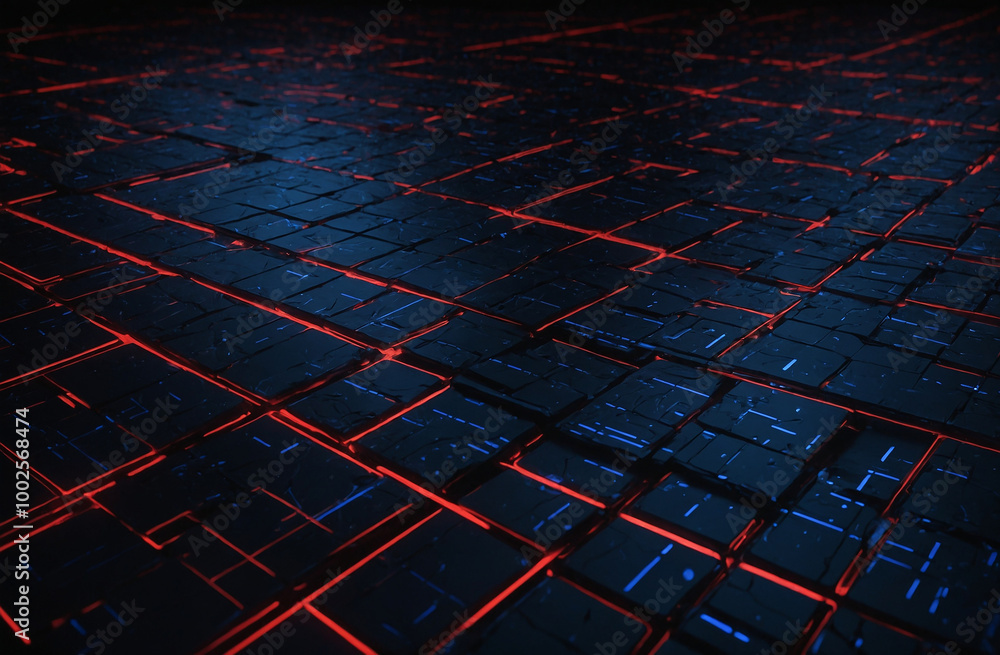 Poster 3d squares on a dark blue floor with red accents, creating a striking visual effect
