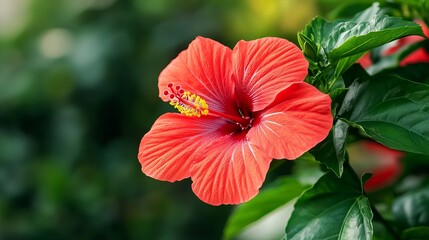 A striking red hibiscus flower stands out beautifully against a backdrop of lush green leaves.
