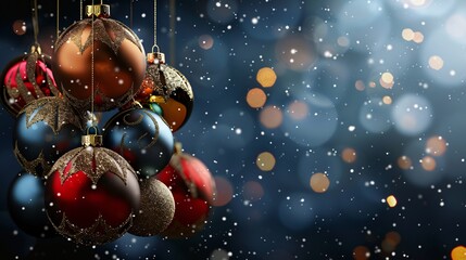 3d render of Christmas baubles with copy space for text.