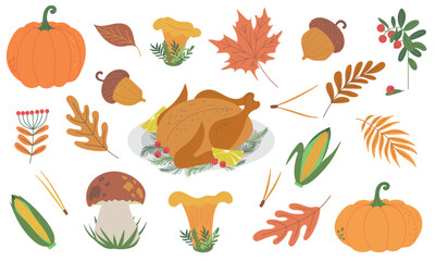 Set of vector beautiful symbols for happy thanksgiving day celebration pumpkins, roast turkey, autumn falling leaves, chanterelle, porcini mushrooms, corn and cranberry. Hand drawn flat designs, icons