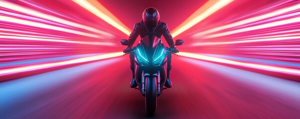 Dynamic motorcycle in motion with vibrant neon lights, showcasing speed and excitement in a futuristic setting.