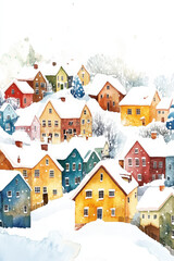 Naklejka premium Charming watercolor painting capturing the magic of a snow-covered village, bathed in the warm glow of winter