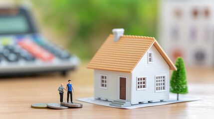 Miniature house model with family figures and calculator symbolizing real estate planning, investments, and mortgage financial concepts.