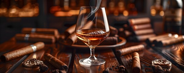 Elegant Brandy Snifter and Cigar Indulgence on Mahogany Desk