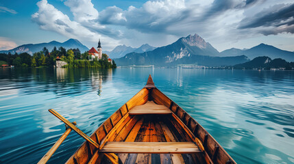 Wooden boat on serene lake with mountains and clouds in the background, capturing peaceful nature and picturesque scenery.