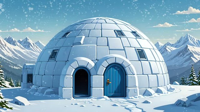 A cozy igloo with a blue door nestled in a snowy mountain landscape. Seamless looping 4k time-lapse virtual video background