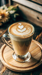 Hot Cappuccino in Glass Cup - Cappuccino with Latte Art Served in a Clear Glass on a Wooden Table