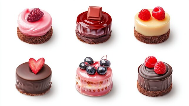 An assortment of exquisite cakes, each topped with vibrant fruit jelly and elegant chocolate decorations.