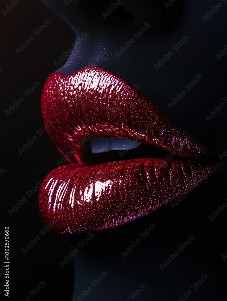 Poster close-up view of glossy lips showcasing a vibrant shiny finish against a dark background. generative