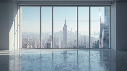 Fototapeta premium minimalist empty room with panoramic city skyline view, featuring large glass windows, open space, and a modern interior design concept perfect for luxury apartments and urban architecture