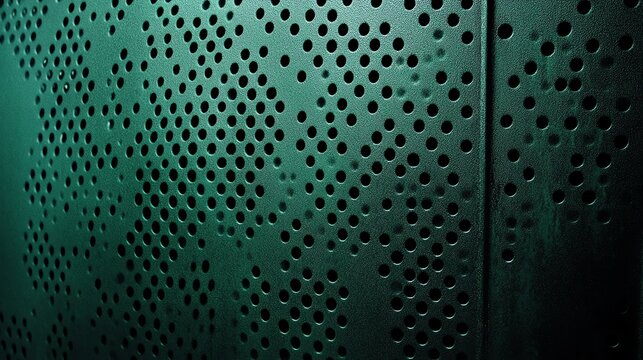 Close-up of a textured green metal panel featuring intricate perforations. Ideal for industrial and modern design themes.