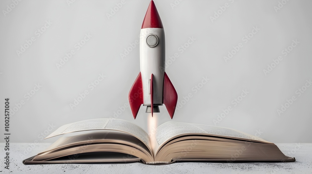 Poster quill pen rocket blasting off from open book symbolizing knowledge and space