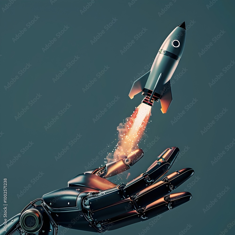 Poster miniature space rocket launching from robotic hand symbolizing technological advancement