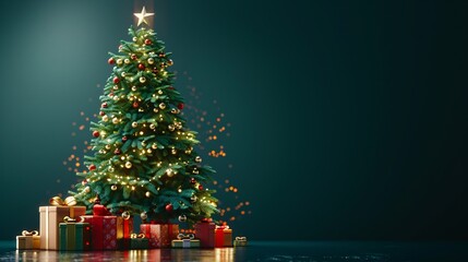 Fototapeta premium Christmas tree with gift boxes and snowfall. 3D rendering.