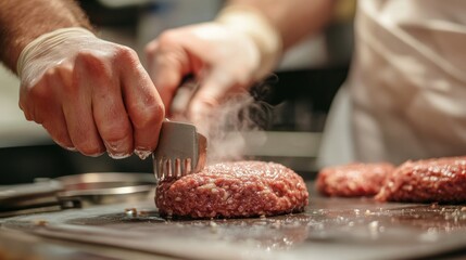 A close-up of a chef's hands and the equipment as he uses a burger press to make fresh, handmade ground beef patties at a takeout restaurant
