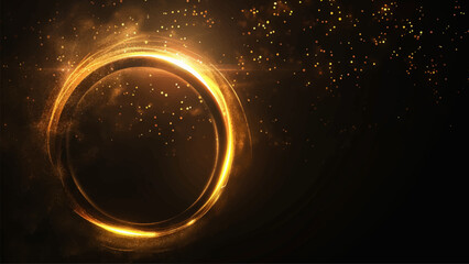 Radiant Golden Circle With Glowing Light Effects And Bright Highlights Set Against A Dark Backdrop Creating A Striking And Elegant Visual Contrast On Black Background