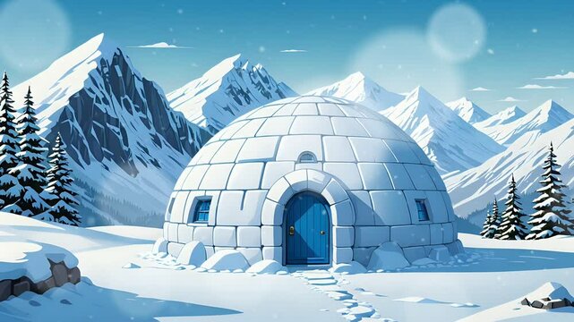 A cozy igloo with a blue door nestled in a snowy mountain landscape. Seamless looping 4k time-lapse virtual video background