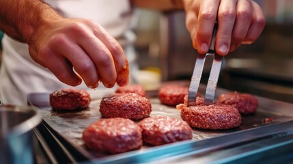 A close-up of a chef's hands and the equipment as he uses a burger press to make fresh, handmade ground beef patties at a takeout restaurant