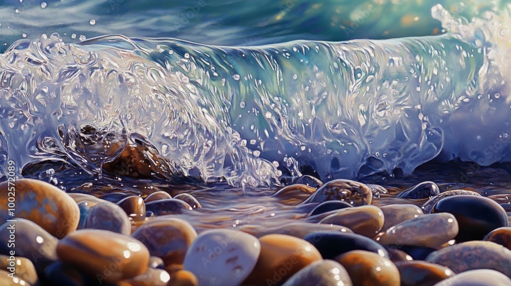 Wall mural a close-up of a wave crashing on a pebble beach, with the water creating a mix of textures and color