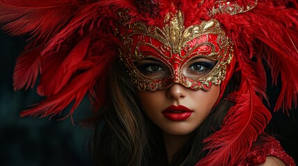 Serious young woman in a red feathered carnival mask with gold details, set against a dark, mysterious background.
