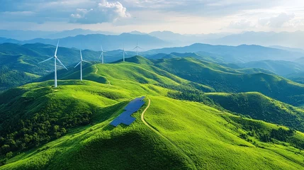 Fotobehang green landscape with solar panels and wind turbines, highlighting sustainable innovation and renewable energy technology, promoting eco-friendly power solutions for a cleaner environment © CinimaticWorks