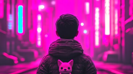 Fototapeta premium A person gazing at neon-lit streets, embodying a blend of nostalgia and futuristic vibes with a playful plush toy.