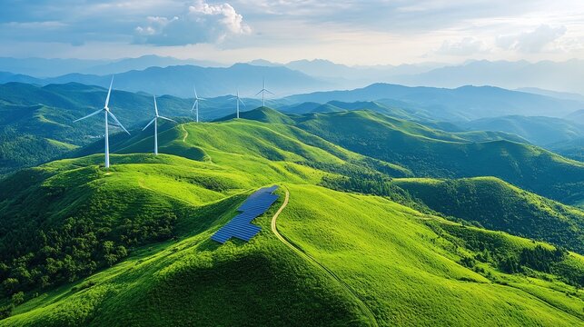 green landscape with solar panels and wind turbines, highlighting sustainable innovation and renewable energy technology, promoting eco-friendly power solutions for a cleaner environment