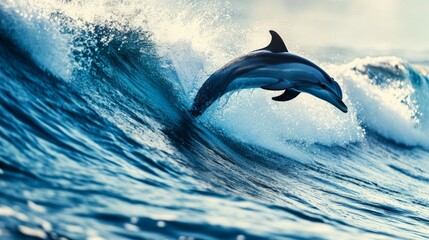 Fototapeta premium A close-up of a wave with a dolphin leaping through the water, the animal's motion adding a sense of life and movement to the scene