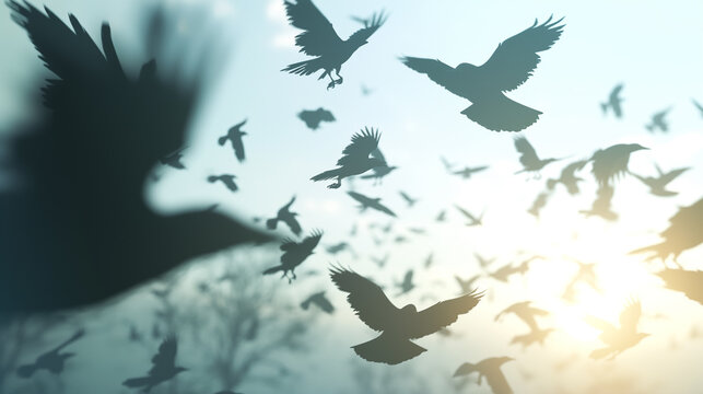 A large flock of crows flies in the sky. The birds covered the sky with their silhouettes