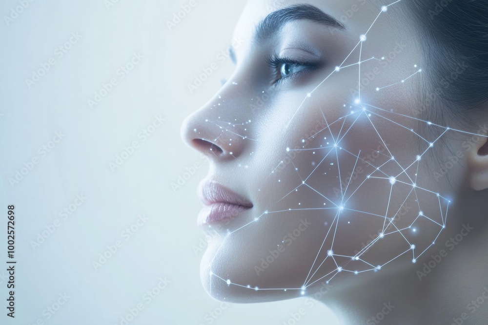 Poster abstract representation of skincare procedure diagrams with lines and dots overlaying a profile view