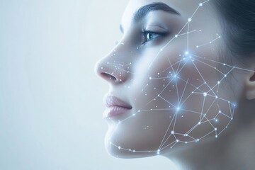Abstract representation of skincare procedure diagrams with lines and dots overlaying a profile view of a woman's face. Generative AI
