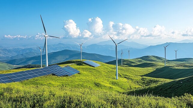 sustainable innovation in a green landscape with solar panels and wind turbines, advancing renewable energy and clean technology for eco-friendly solutions and a sustainable future