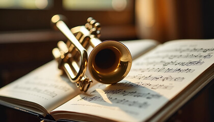 A trumpet resting on a sheet music stand.
