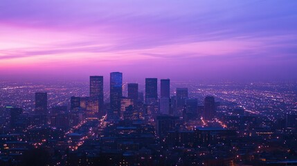 Fototapeta premium Aerial View of City Skyline at Dusk with Glowing Lights