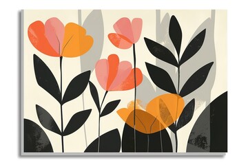 Block print, cut out flowers in sunset colours, simple shapes, retro poster style white background