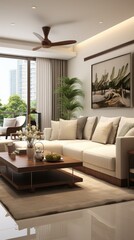 Minimalist modern living room interior, 3D render  