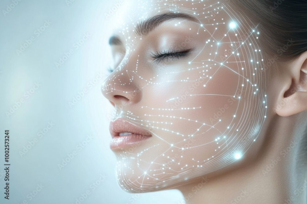 Poster abstract design featuring lines and dots that illustrate skincare procedures on a serene model's fac