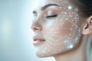 Abstract design featuring lines and dots that illustrate skincare procedures on a serene model's face in soft light. Generative AI