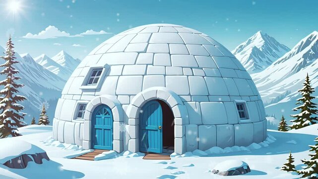 A cozy igloo with a blue door nestled in a snowy mountain landscape. Seamless looping 4k time-lapse virtual video background