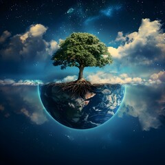 Planet Earth with a Majestic Tree Growing from Its Surface Symbolizing the Interconnection of...