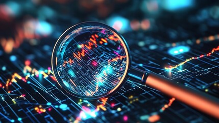 Magnifying glass on digital data chart with vibrant colors