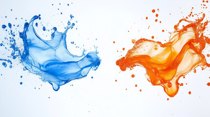 Two vibrant splashes of paint against a white background. The left splash is predominantly blue, with a central region that appears to be a mix of blue and white, resembling a cloud